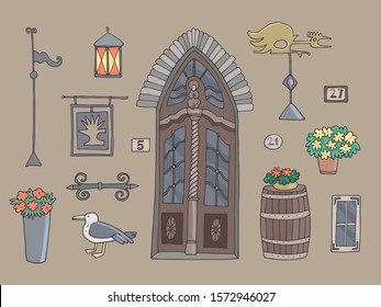 Set of cute vintage details of european city Tallinn. Hand-drawn vector illustration.