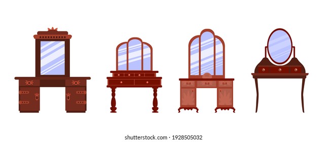 A set of cute vintage dressing tables. Collection of antique bedroom furniture.  Convenient place for makeup and jewelry storage. Vector icons in a flat style are isolated on a white background.