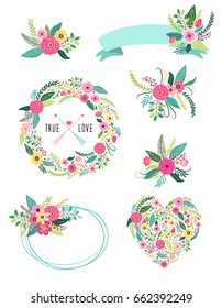 Set of cute vintage elements as rustic hand drawn first spring flowers