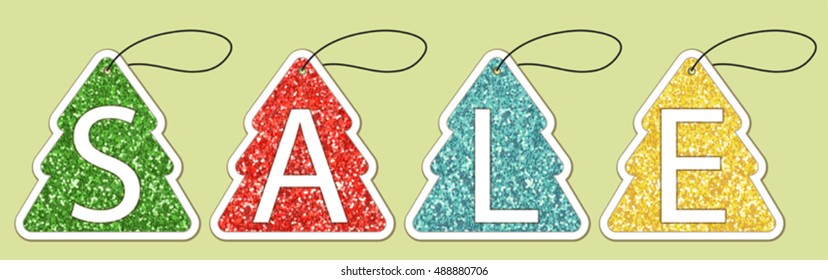 Set of cute vintage glitter price tags shaped as Christmas tree