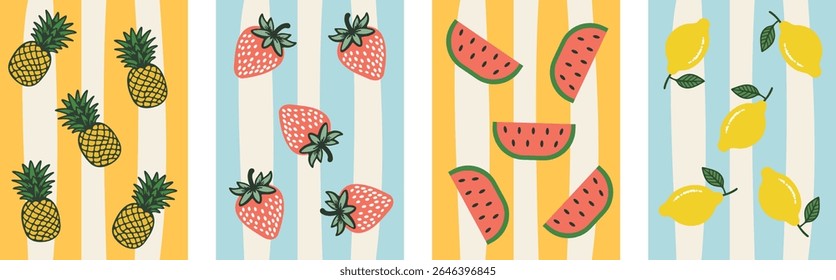 Conjunto de bonito vintage mão desenham posters de verão, modelos de cartões. Quadros de verão moderno design para marca, impressão, decoração, cartão de verão, selo postal.