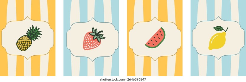 Conjunto de bonito vintage mão desenham posters de verão, modelos de cartões. Quadros de verão moderno design para marca, impressão, decoração, cartão de verão, selo postal.