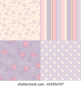 Set of cute Vintage ornaments in violet. Simple seamless patterns for your design