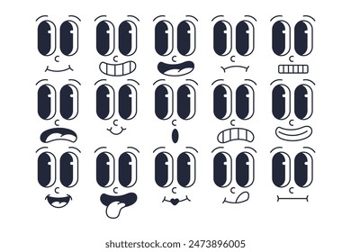 Set of Cute Vintage Retro Cartoon Face Expressions Vector Illustration