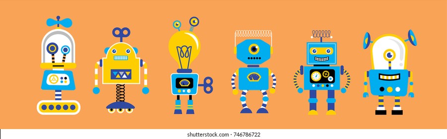 Set of cute vintage robots, banner with robot toys collection