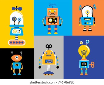 Set of cute vintage robots, banner with robot toys collection