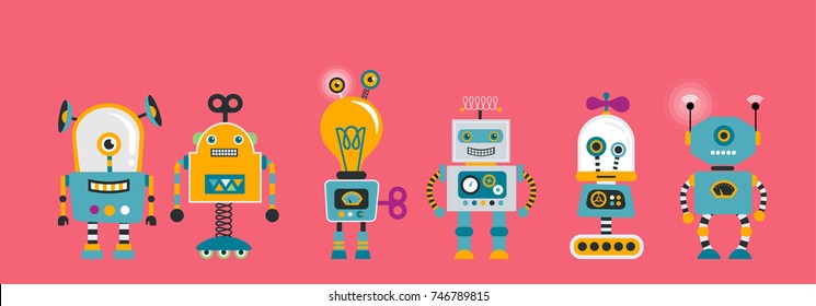 Set Of Cute Vintage Robots, Banner With Robot Toys Collection