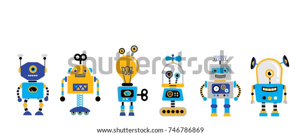 Set of cute vintage robots, banner with robot
toys collection