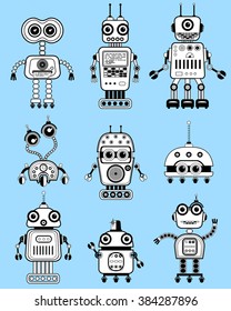 Set of cute vintage robots. Circuit Icons.