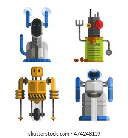 Set of cute vintage robots vector. Robots technology machine future science toys. Cyborg futuristic design robotic toy robots. Collection cute element icon character, cartoon robots.