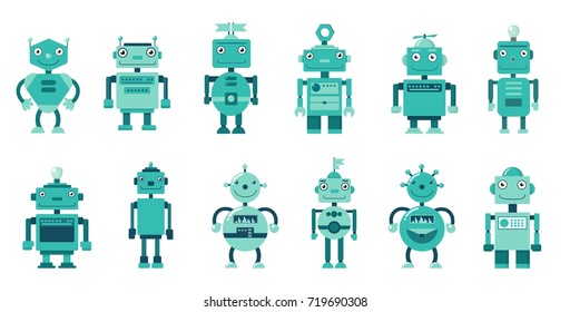 Set of cute vintage robots. Vector illustration with a striking design on a white background for school, notebooks, equipment, toys, websites, designers of robots