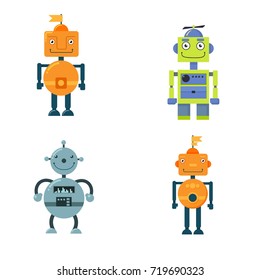 Set of cute vintage robots. Vector illustration with a striking design on a white background for school, notebooks, equipment, toys, websites, designers of robots