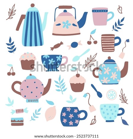 Set of cute vintage tea cups, teapots and kettles. Hand drawn vector illustration in modern simple doodle style in delicate pastel colors.