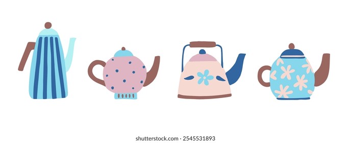 Set of cute vintage teapots and kettles. Hand drawn vector illustration in modern simple doodle style in pastel colors.