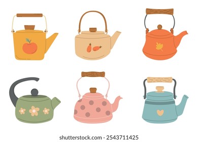 Conjunto de bonitos Vintage Teapots Vetor Ilustração, Uma coleção encantadora de vintage-estilo bule ilustrações com desenhos únicos e esquemas de cores pastel. Perfeito para uso na decoração da cozinha