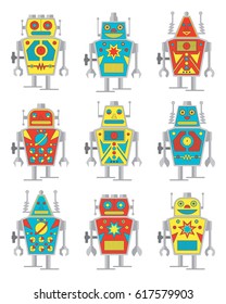 Set of Cute Vintage Wind Up Robots Vector Illustrations - Red Yellow Blue
