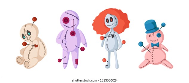 Set of cute voodoo dolls for halloween, isolated vector magic toy on white, funny and scary creepy character with various facial expressions, cartoon fantastic creature, traditional culture, flat