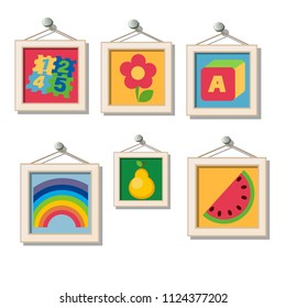A set of cute wall paintings for kindergarten isolated on white background. Vector cartoon close-up illustration.