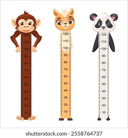 Set of cute wall rulers for children height measurement with monkey, llama, panda. Children Growth Meter. Kids height chart with cute animals.