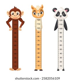 Set of cute wall rulers for children height measurement with monkey, llama, panda. Children Growth Meter. Kids height chart with cute animals.