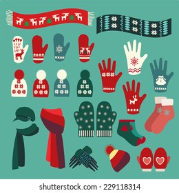 Set of cute warm Christmas mittens, stockings and hats vector colored fashionable male knitted accessories set autumn, winter wear 