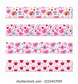 Set of cute washi tape strips with Valentine's day pattern about love, romance. Decorative scotch tape with shadow and ragged edges. Isolated editable vector. For scrapbook, planner, notebook, craft.