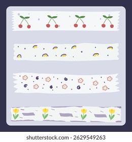 Set of cute washi tapes with cute decorative elements for scrapbook