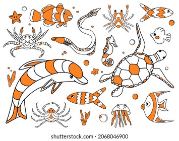 Set of cute water animals. Nautic hand drawn element sea. Life deep sea inhabitants. Underwater world. Vector illustration isolated on white background. Doodle line drawing. Coloring page for kids