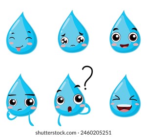 Set of cute water drop cartoon characters, face character mascot isolated on white background