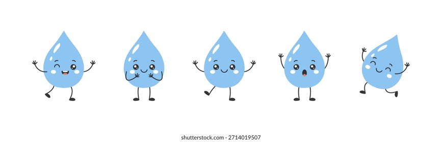 Set of cute water drop characters with joyful poses and fun expressive emotions for playful and creative designs