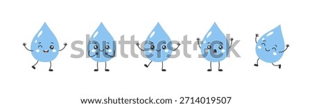 Set of cute water drop characters with joyful poses and fun expressive emotions for playful and creative designs