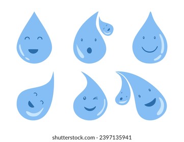 Set of cute water drops characters. Cartoon funny aqua characters isolated on white background. Fluid collection with happy smiling faces. Flat blue liquid elements. Raindrop Vector illustration