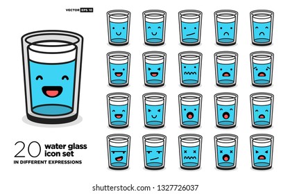 Set of Cute Water Glass Emoji Line Icons In Different Expressions