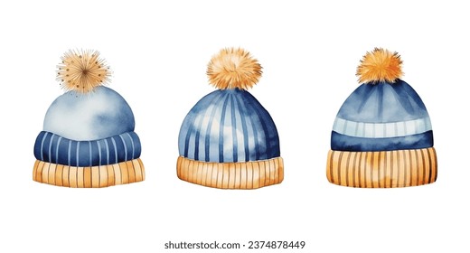 Set of Cute watercolor beanie hat with pompom clipart vector with blue and gold color for winter element decoration for scrapbooking or poster or greeting card or sticker or printables