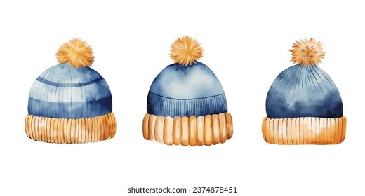 Set of Cute watercolor beanie hat with pompom clipart vector with blue and gold color for winter element decoration for scrapbooking or poster or greeting card or sticker or printables