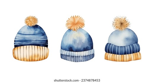 Set of Cute watercolor beanie hat with pompom clipart vector with blue and gold color for winter element decoration for scrapbooking or poster or greeting card or sticker or printables