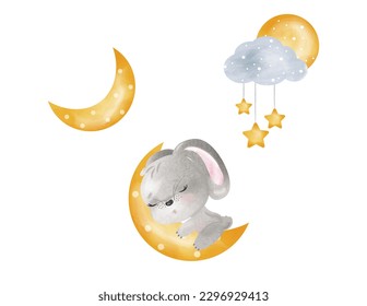 establecer adorables elementos decorativos de acuarela de mes de conejo estrellas de nubes. Aislar sobre un fondo blanco. Ilustración vectorial.