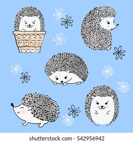 Set of cute watercolor hedgehogs. Vector illustration. 