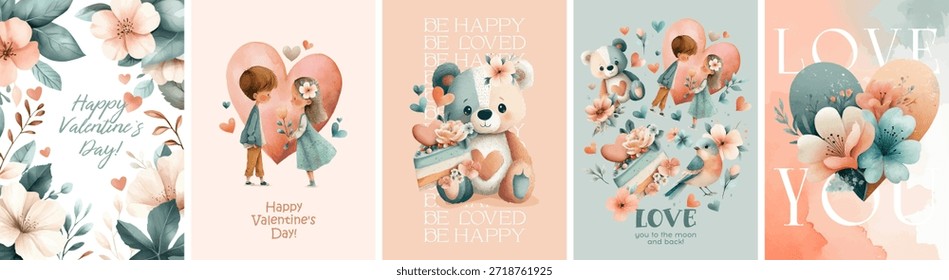 Set of cute watercolor illustrations postcards for February 14th. Happy Valentine's Day. Hand-drawn and vectorized watercolor illustrations. Couple, love, plush bear, bird, dessert, hearts and flowers
