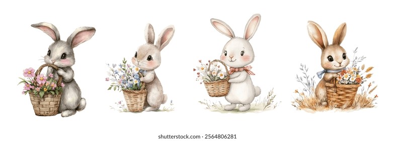 Set of cute watercolor rabbits with baskets of flowers png. Cute fluffy rabbits with watercolor flowers. Spring concept. Cute rabbits with flowers. Vector illustration.