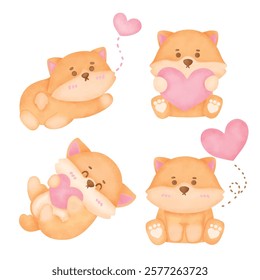 Set of Cute Watercolor Shiba Inu with Heart
