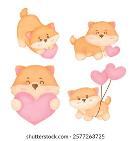 Set of Cute Watercolor Shiba Inu with Heart
