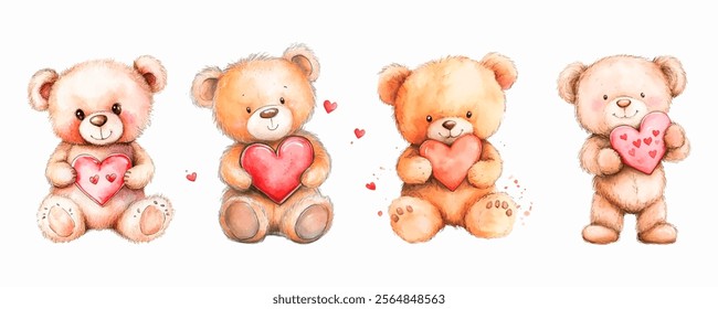 Set of cute watercolor teddy bears holding hearts. A symbol of confession of love, St. Valentine's Day, etc. Watercolor romantic elements.