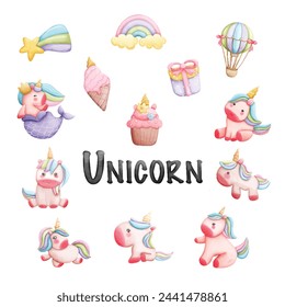 Set of cute watercolor unicorns and rainbow elements.