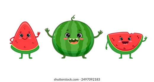 set of cute watermelon character isolated on white background. Cartoon fruit, slice of watermelon. Vector illustration