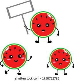 Set von süßen Wassermelonen-Zeichen. Kawaii und adorable Vektorgrafik für Maskottchen, Logo, Kleidung