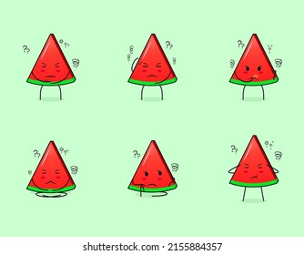 Set of cute watermelon slice character with thinking expressions. suitable for emoticon, logo, symbol and mascot