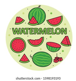 Set of cute watermelon vector illustration on isolated background. Watermelon icons