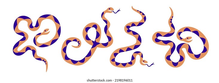 Set of cute wavy ornate snakes in flat style isolated on white background. Funny cartoon reptiles mperfect for decor of children baby room, textiles print, fabric, sticker, package, clip art. 