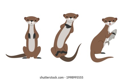 Set of Cute Weasel, Adorable Funny Wild Animal Cartoon Vector Illustration